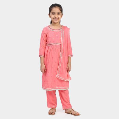 Girls Pink Round Neck Fusion Set
