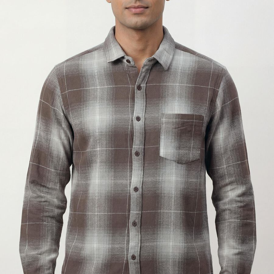 Men's Brown Cotton Spread Collar Casual Shirt, Brown, large