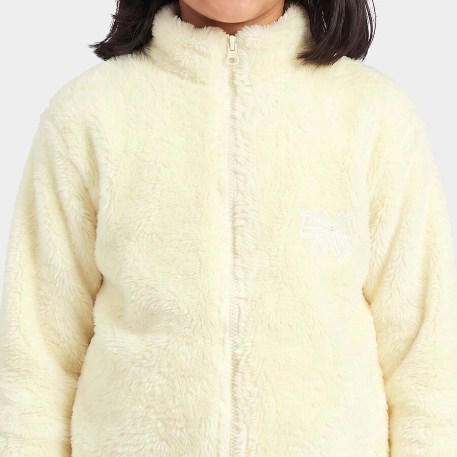 Girls' Cream High Neck Zip-Up Sweatshirt, ऑफ व्हाइट, large