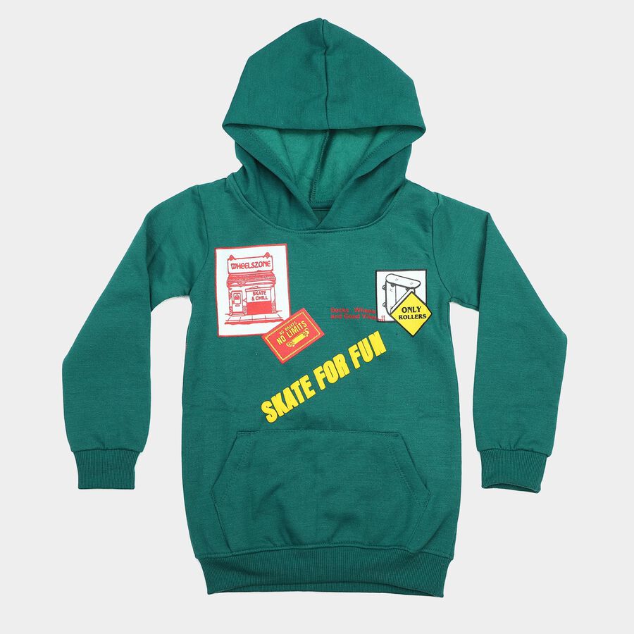 Boys' Green Hoodie Neck Graphic Sweatshirt, गहरा हरा, large