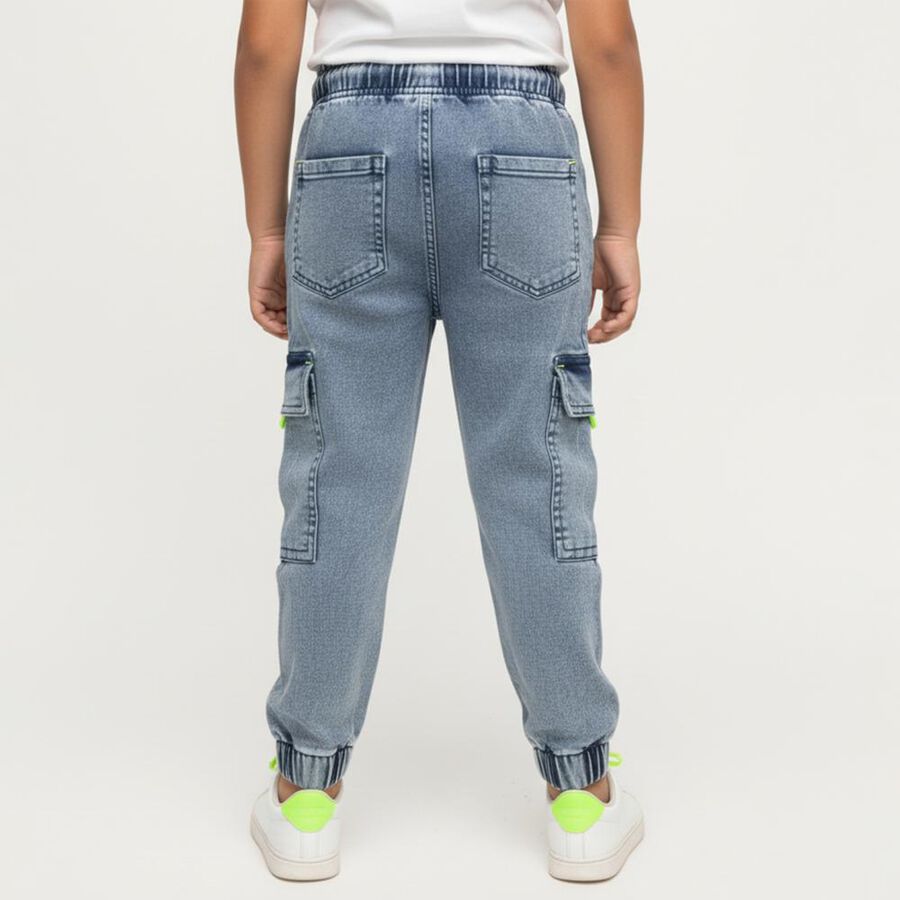 Boys' Stonewashed Blue Cargo Jogger Jeans, मध्यम नीला, large image number null
