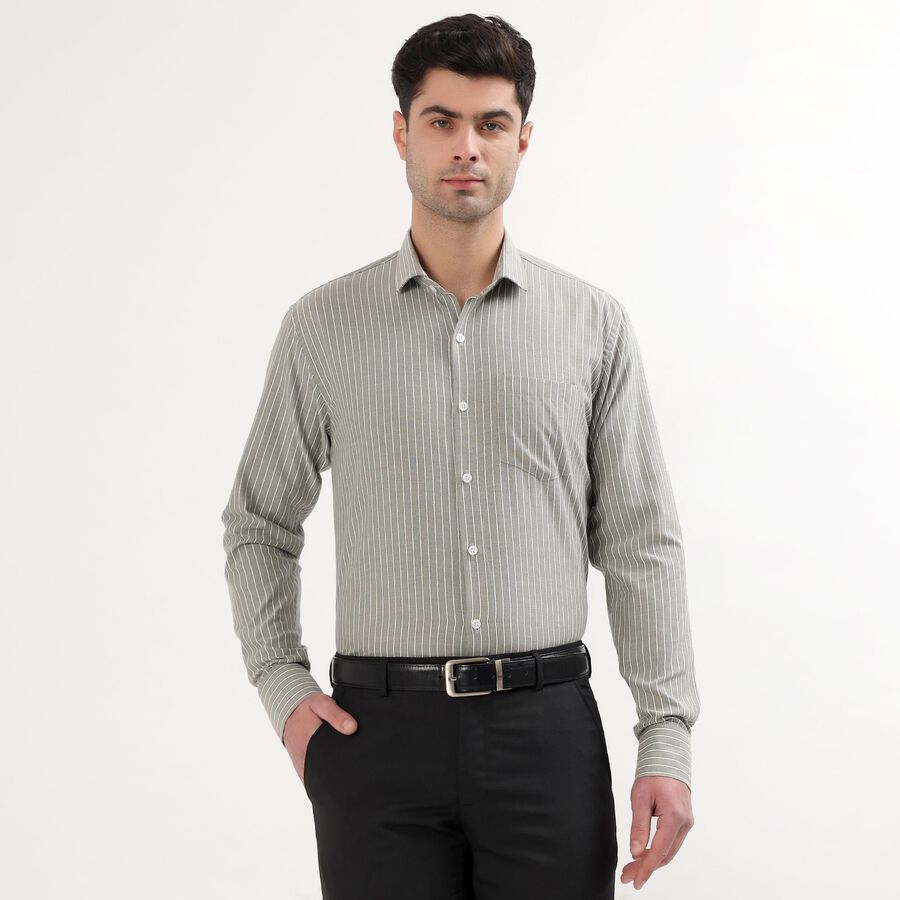 Men's Sage Green Spread Collar Striped Formal Shirt, Dark Green, large