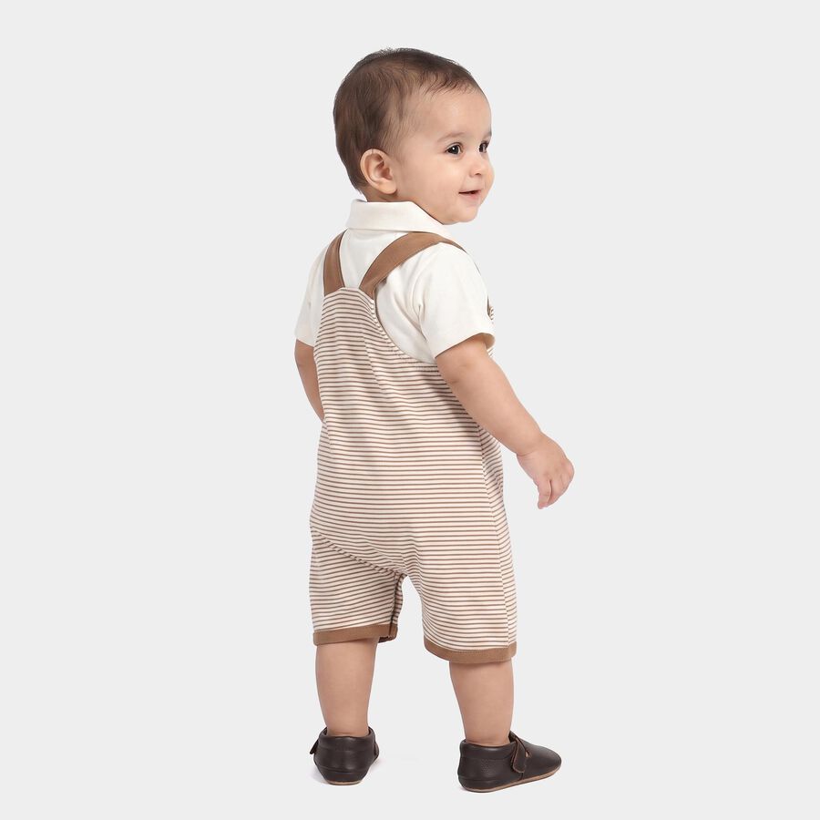 Infants' Beige 100% Cotton Polo Neck Striped Appliqu&eacute; Baba Suit, Beige, large