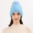 Women's Light Blue Knitted Pom-Pom Beanie Cap, Light Blue, small image number null