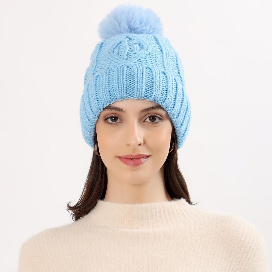Women's Light Blue Knitted Pom-Pom Beanie Cap, Light Blue, large image number null