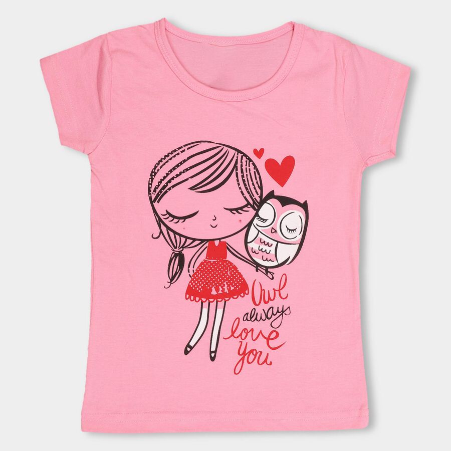 Girls' Light Pink Cotton Round Neck Casual T-Shirt, Light Pink, large