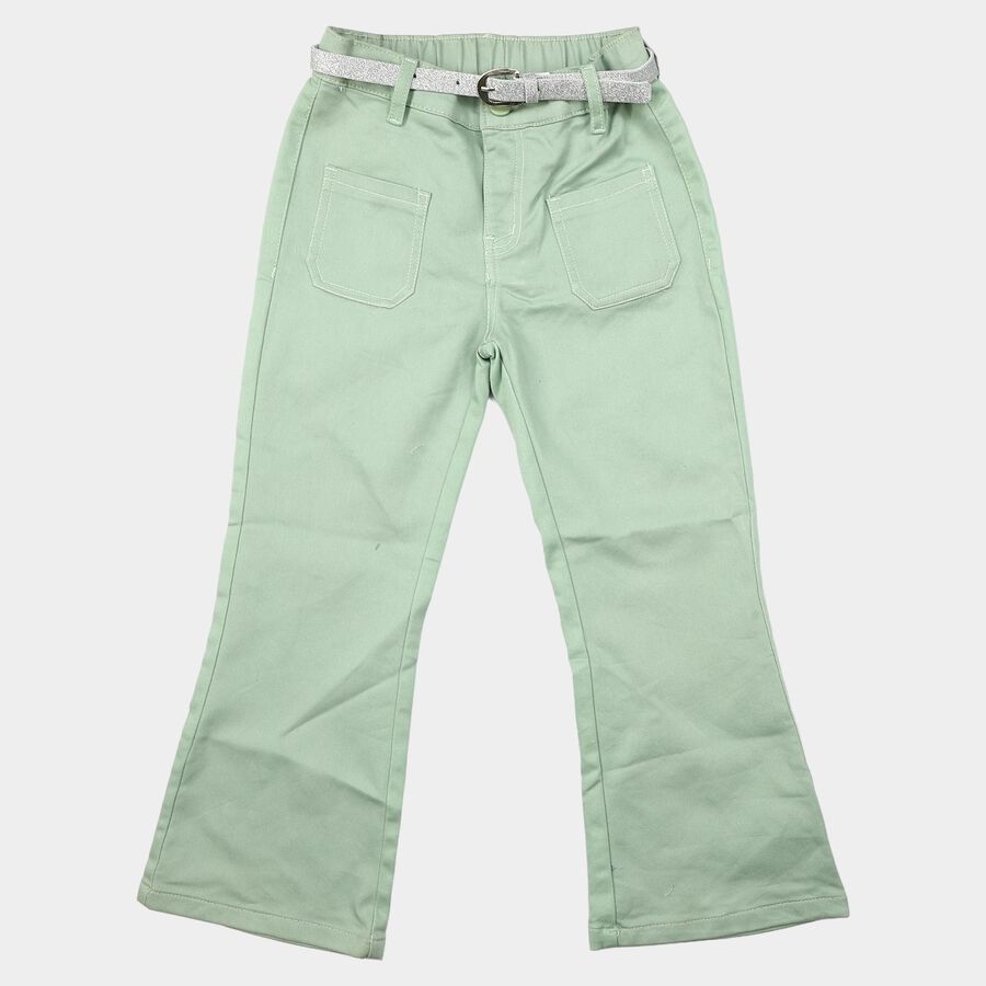 Girls' Mint Green Flared Fit Belted Jeans, Light Green, large