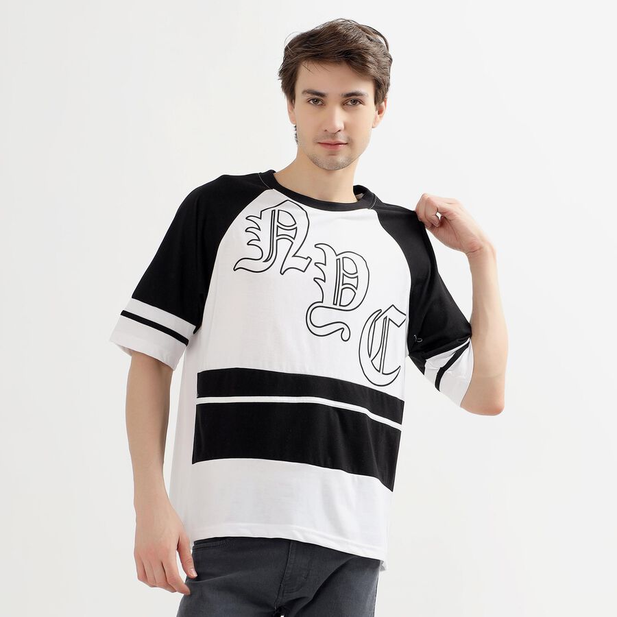 Men's Black and White Round Neck Casual Printed T-Shirt, Black, large image number null
