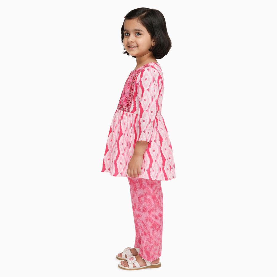Girls' Bright Pink Embroidered Ikat Kurta and Palazzo Fusion Set, Pink, large