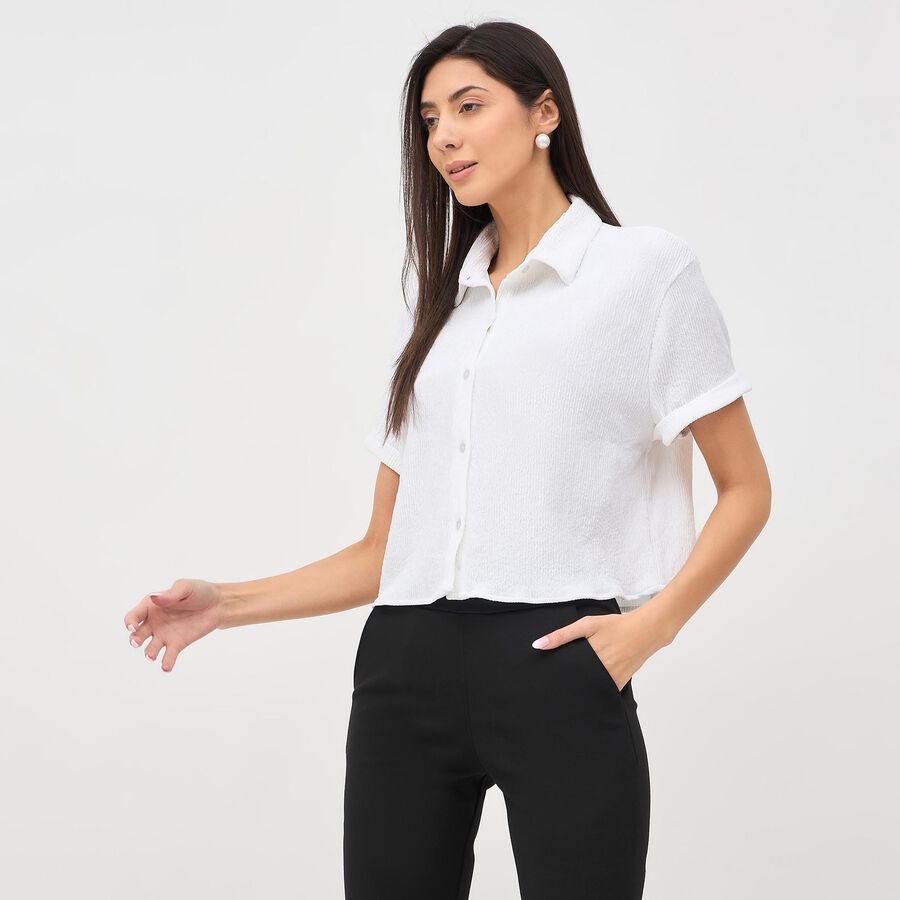 Women's White Collared Short Sleeve Crop Shirt, White, large image number null