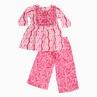 Girls' Bright Pink Embroidered Ikat Kurta and Palazzo Fusion Set, Pink, small