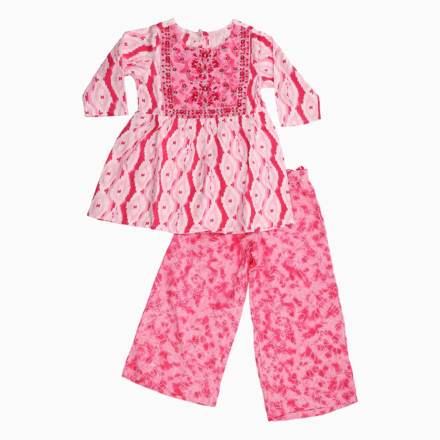 Girls' Bright Pink Embroidered Ikat Kurta and Palazzo Fusion Set, Pink, large
