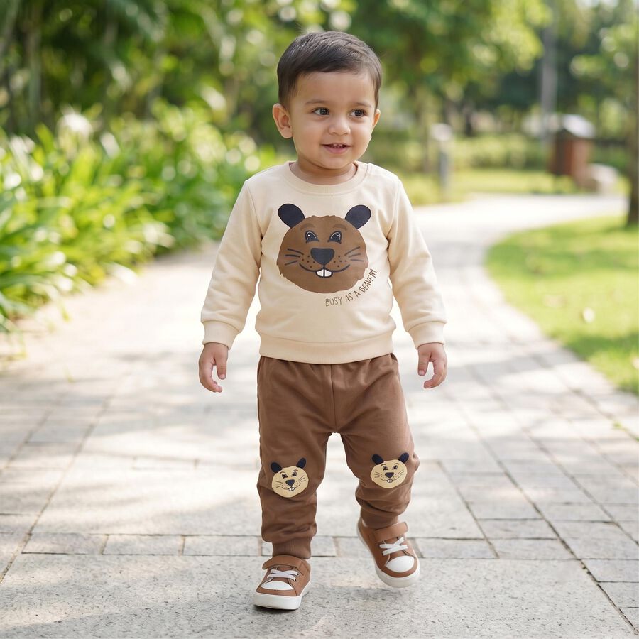 Infants' Beige Round Neck Graphic Baba Suit, Beige, large