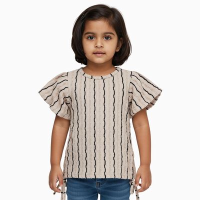 Girls Light Beige Round Neck Casual T-Shirt