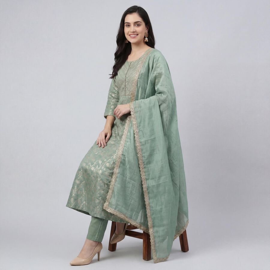 Women's Dark Green V-Neck Metallic Textured Kurta, गहरा हरा, large