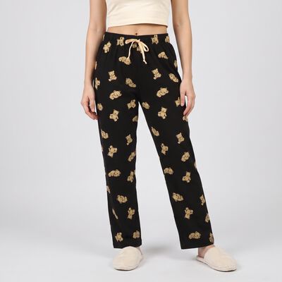 Women's Black Straight Fit Teddy Lounge Pyjama