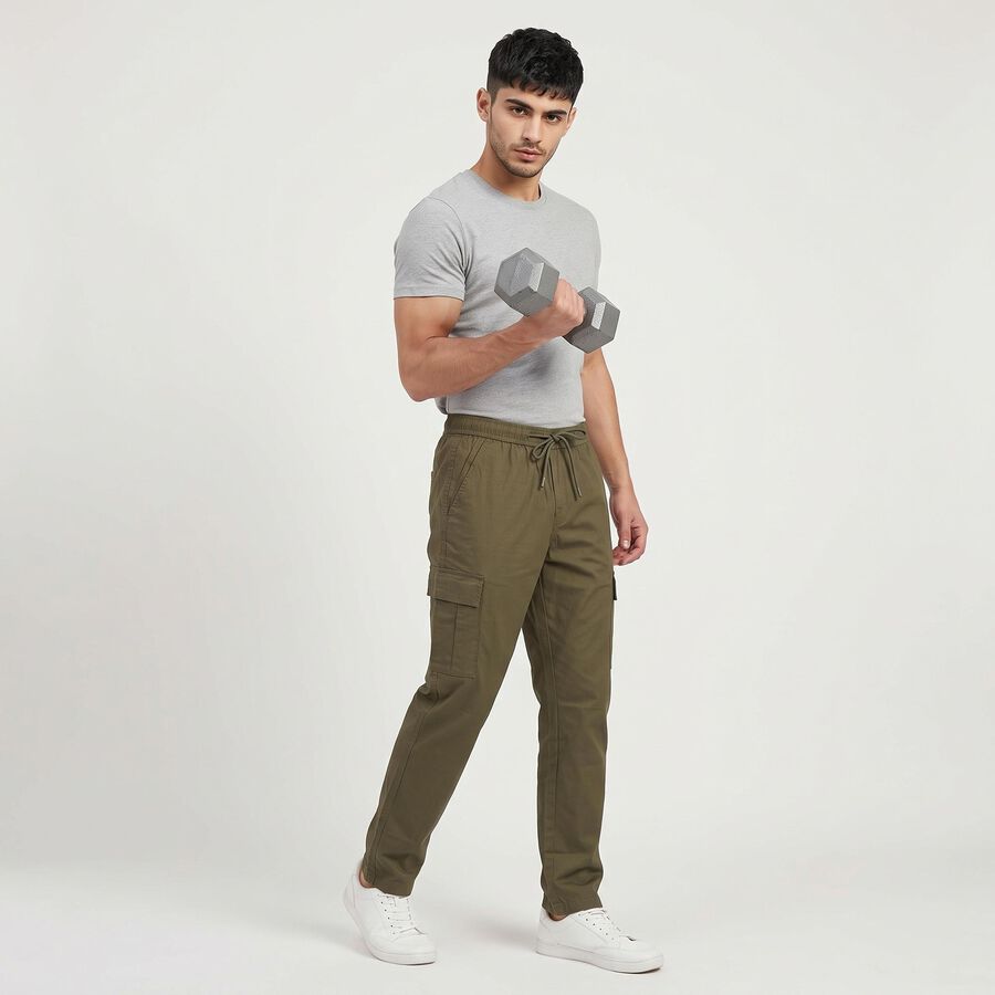 Men's Olive Green Slim Fit Cargo Trousers, Olive, large