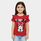 Girls' Red Cotton Round Neck Ruffle Sleeve Graphic T-Shirt, लाल, small
