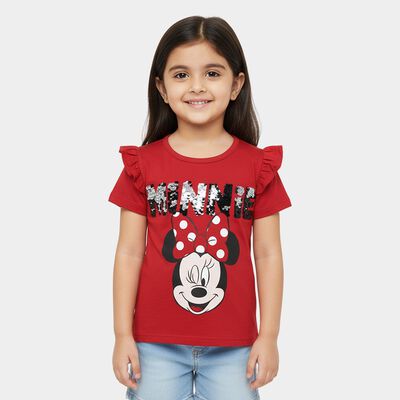 Girls' Red Cotton Round Neck Ruffle Sleeve Graphic T-Shirt