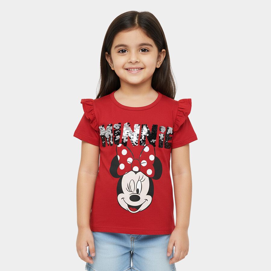 Girls' Red Cotton Round Neck Ruffle Sleeve Graphic T-Shirt, लाल, large