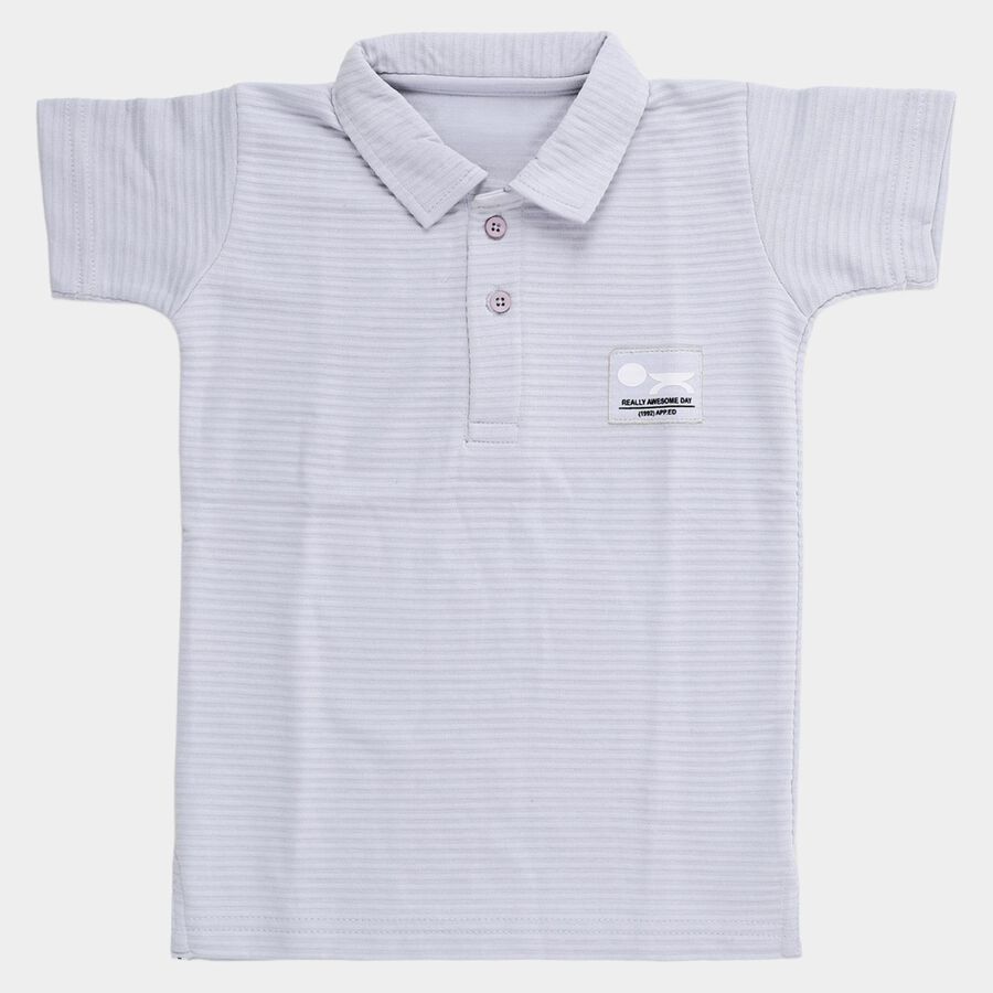 Boys' Light Blue Cotton Polo Neck Striped T-Shirt, हल्का नीला, large