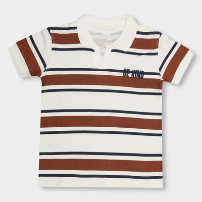 Boys' White Cotton Collar Neck Striped T-Shirt