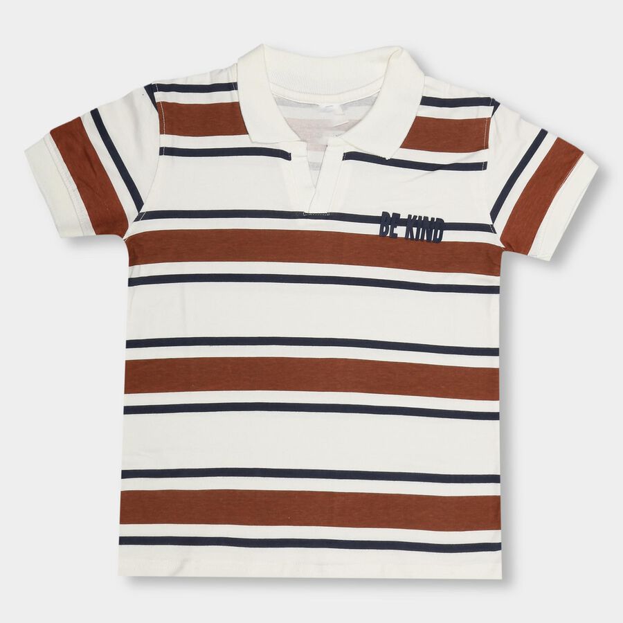 Boys' White Cotton Collar Neck Striped T-Shirt, Off White, large image number null