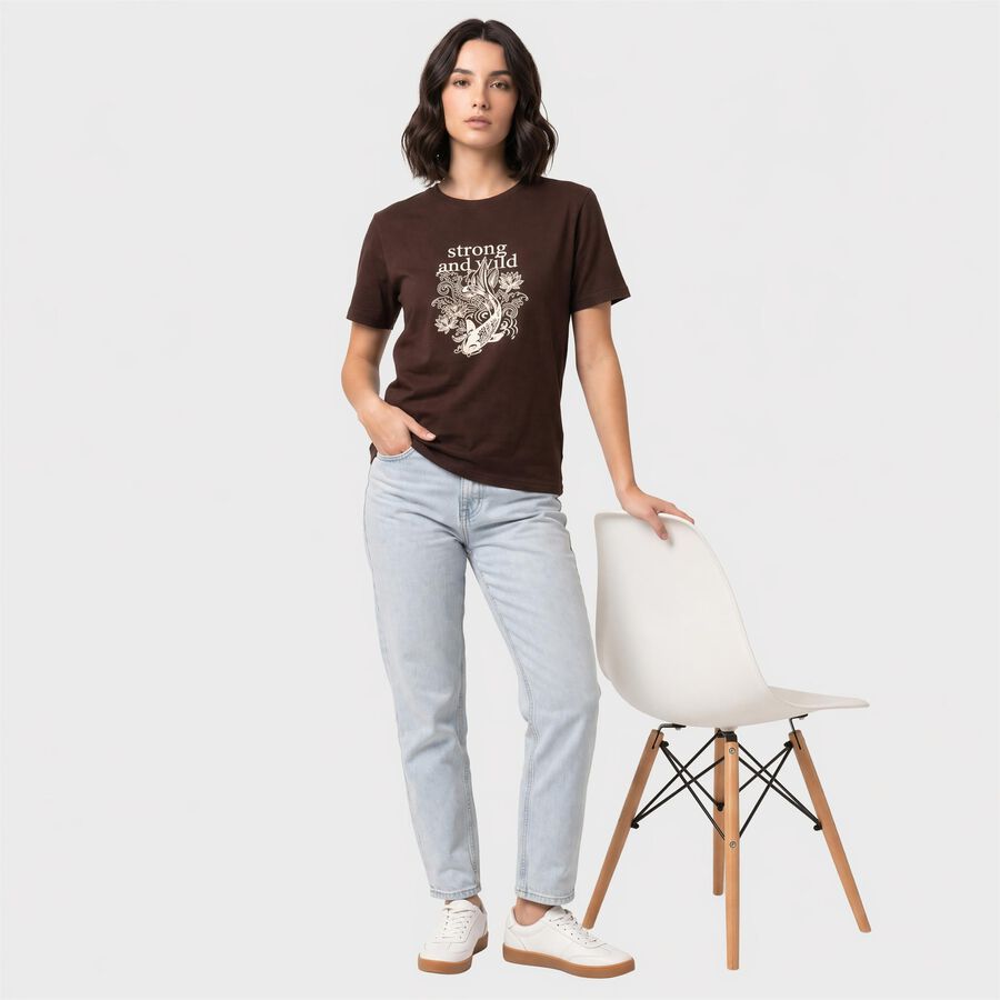Women's Brown Round Neck Regular Graphic Print T-Shirt, भूरा, large