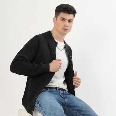 Men's Charcoal Zip Neck Casual Pullover