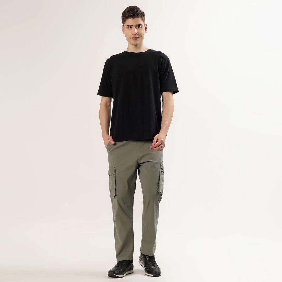 Men's Olive Green Slim Fit Flat-Front Trousers, Light Green, large