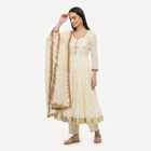 Women's Off White Cotton Round Neck Embellished Anarkali Kurta, Off White, small
