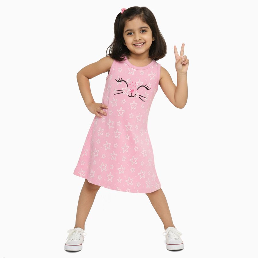 Girls' Pink Star Printed Sleeveless A-Line Frock, लाइलेक, large image number null