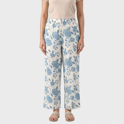 Women's Off White Regular Fit Floral Printed Palazzos