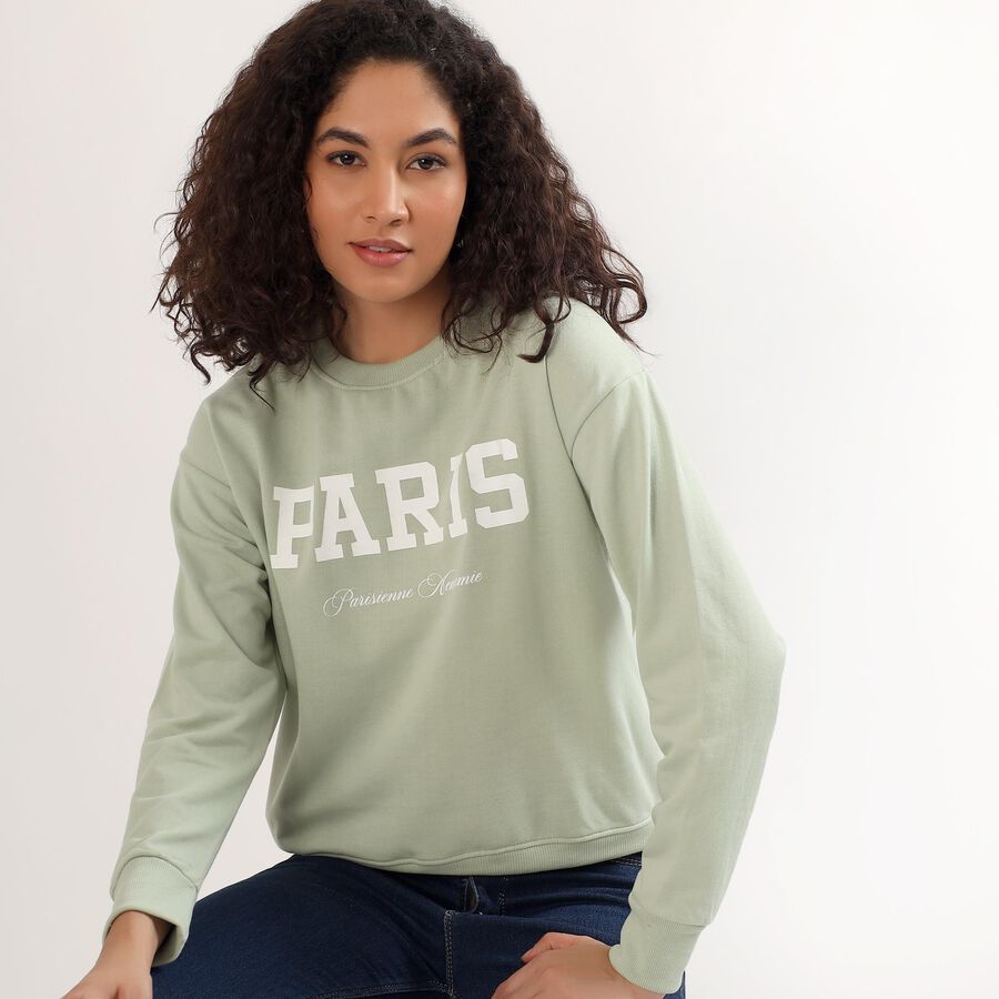 Women's Sage Green Crew Neck Graphic Sweatshirt, हल्का हरा, large image number null