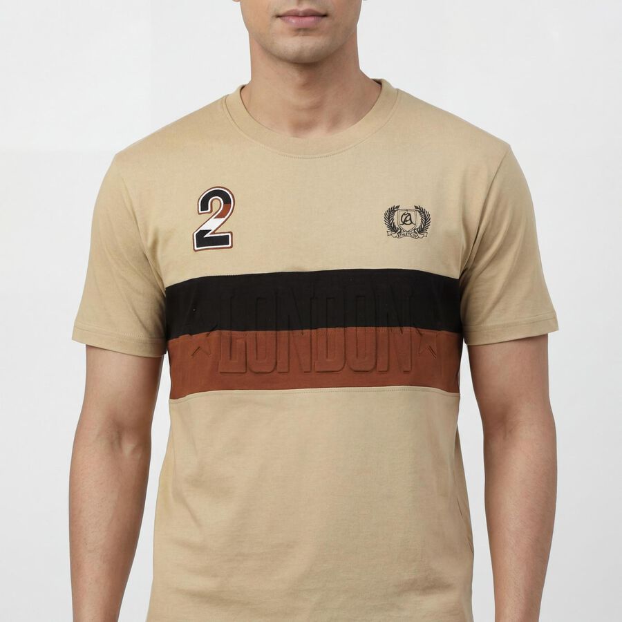 Men's Brown Round Neck Casual T-Shirt, भूरा, large