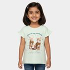 Girls' Mint Green Cotton Round Neck Graphic Print Ruffle Sleeve T-Shirt, Light Green, small