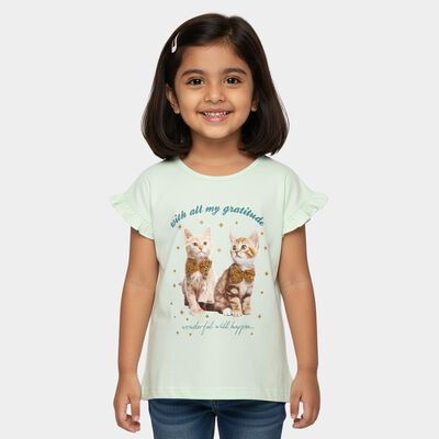 Girls' Mint Green Cotton Round Neck Graphic Print Ruffle Sleeve T-Shirt