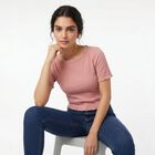 Women's Pink Boat Neck Crop Top, Pink, small