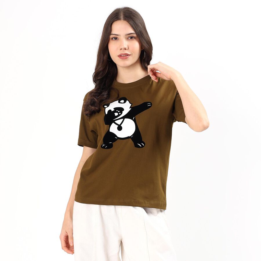 Women's Olive Cotton Round Neck Graphic T-Shirt, ओलिव, large
