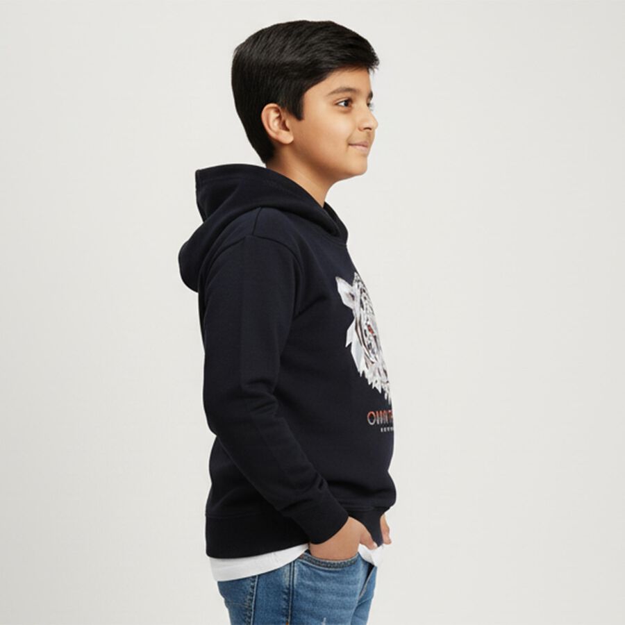 Boys Navy Blue Hooded Neck Graphic Sweatshirt, Navy Blue, large image number null