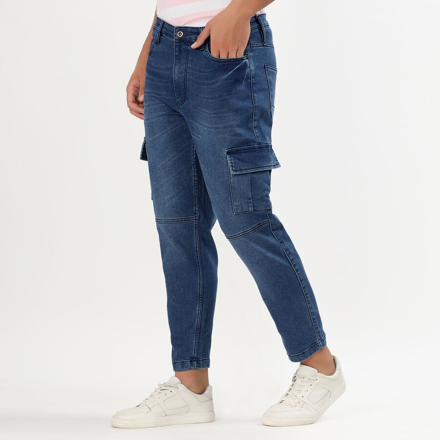 Men's Deep Blue Relaxed Fit Cargo Jeans, मध्यम नीला, large image number null