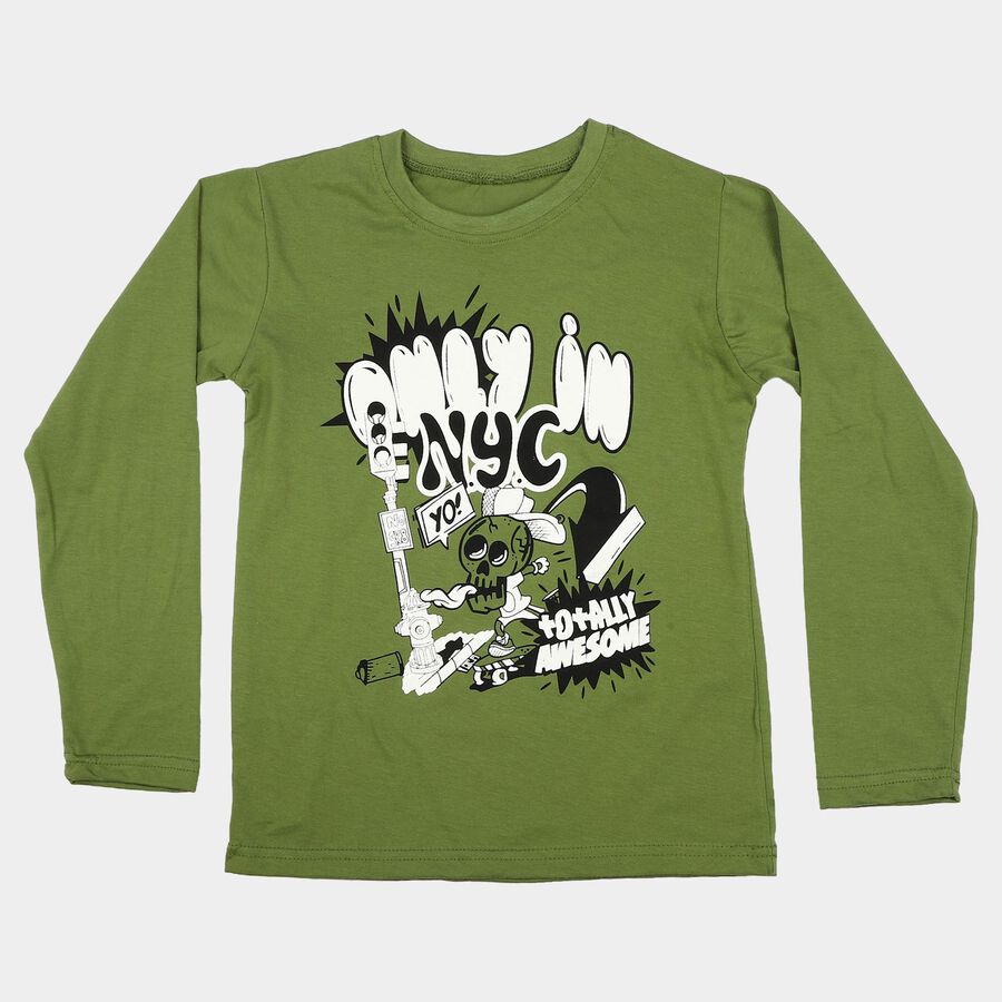 Boys Olive Green Cotton Blend Crew Neck Regular T-Shirt, ओलिव, large