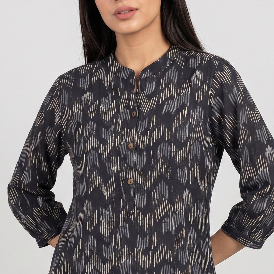 Women's Dark Grey Mandarin Collar Printed Kurti, गहरा ग्रे, large