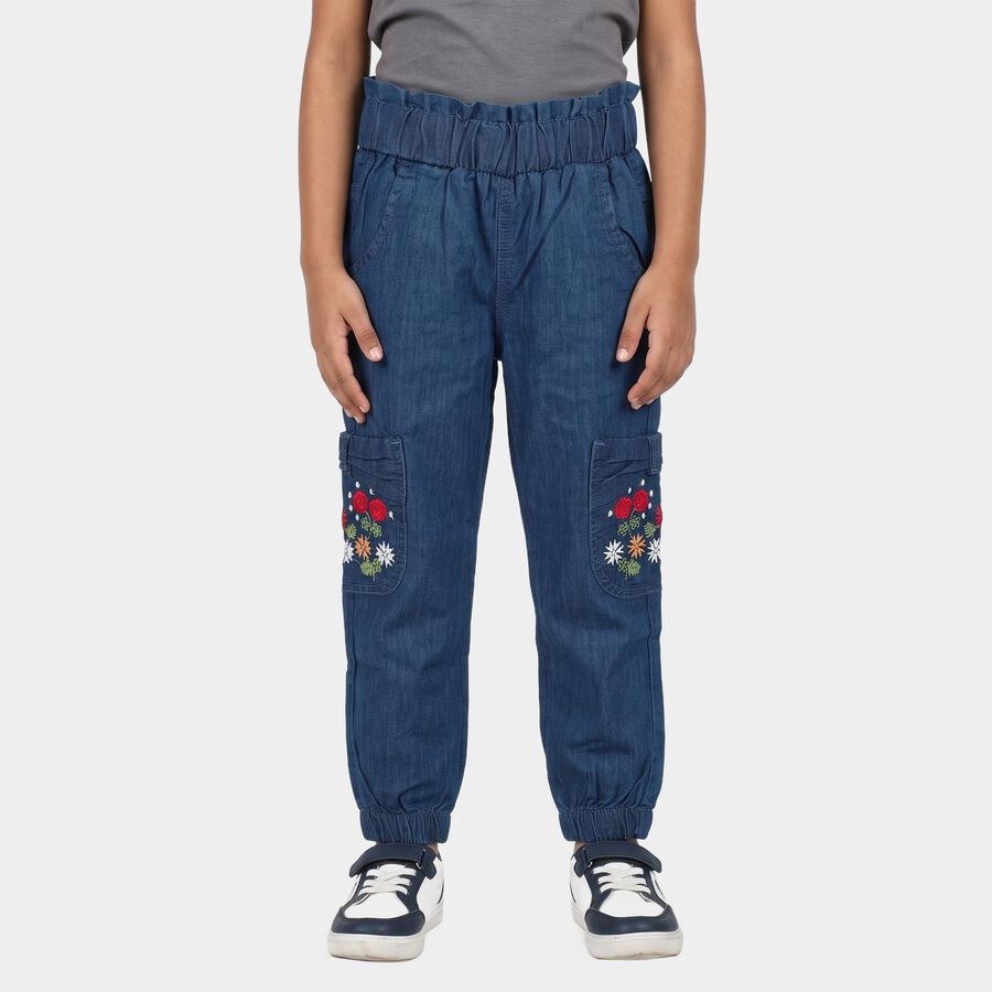Girls Blue Jogger Fit Embroidered Cargo Jeans, मध्यम नीला, large
