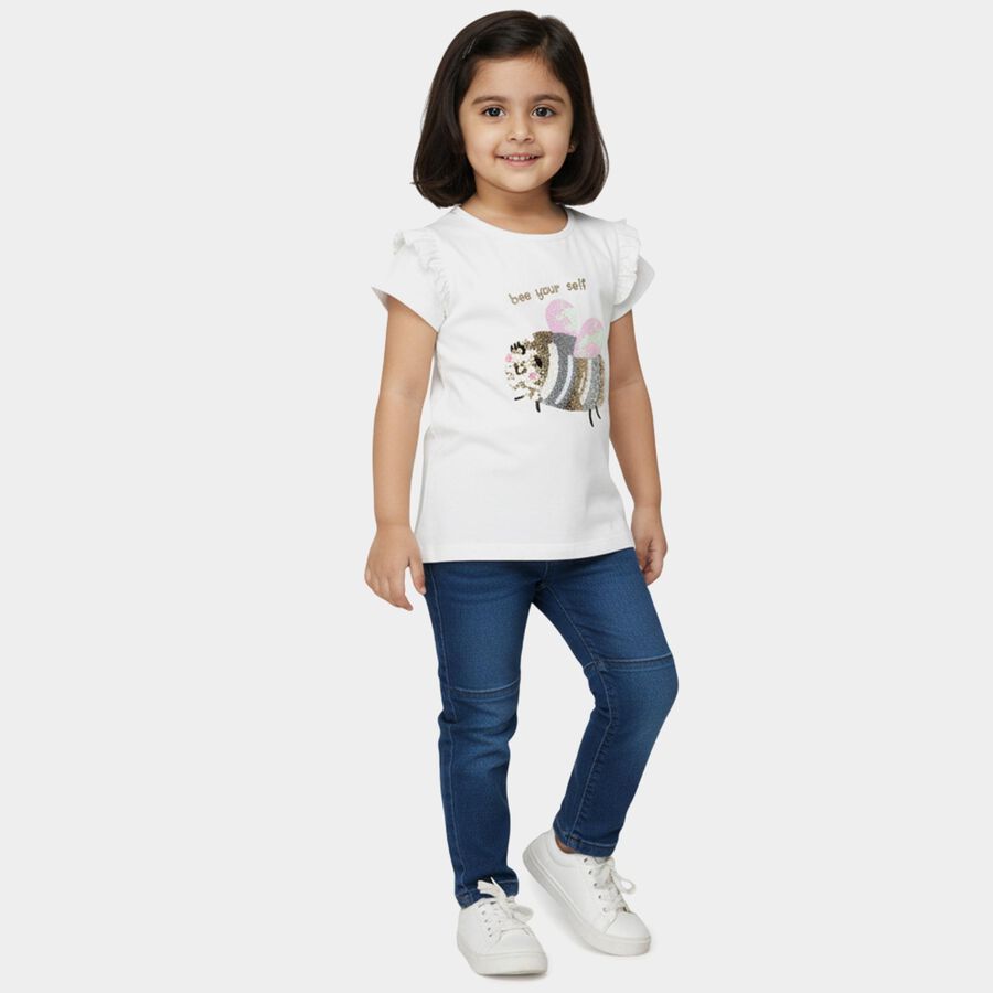 Girls' White Cotton Round Neck Casual T-Shirt, सफ़ेद, large
