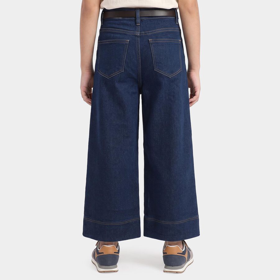Girls' Navy Blue Wide Leg Seam Detail Jeans, मध्यम नीला, large