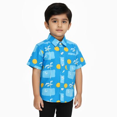 Boys Bright Sky Blue Cotton Half Sleeve Classic Collar Casual Shirt
