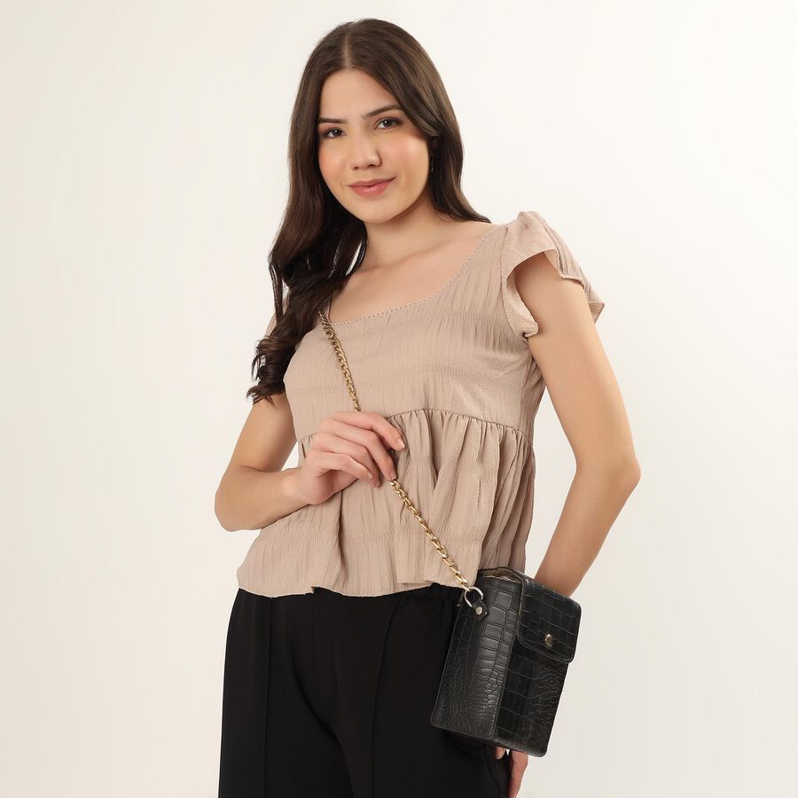 Women's Beige High Neck Textured Top, Beige, large