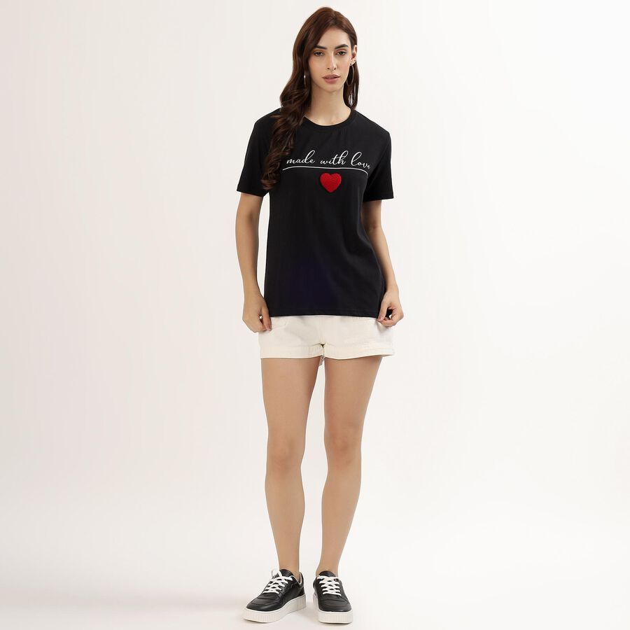 Women's Jet Black Cotton Round Neck Casual T-Shirt, काला, large image number null