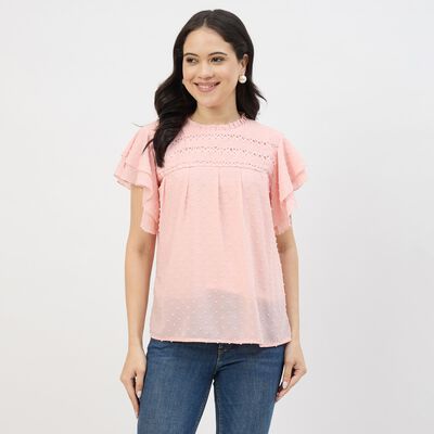 Women's Bright Pink Round Neck Casual Top